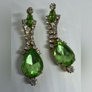 Light Green Faux Peridot Sparkling Rhinestone Gold Tone Chandelier Drop Earrings